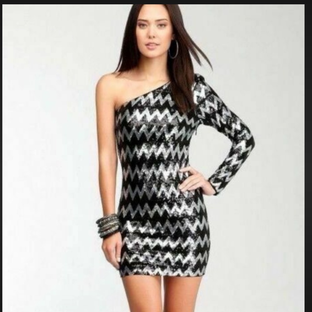 Black and silver one shoulder cocktail dress